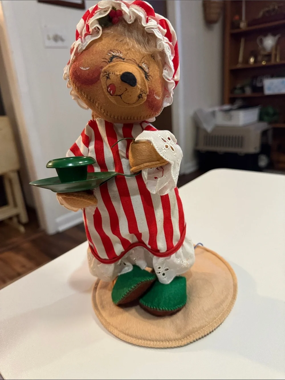 Annalee Red & White Striped Bear with Green Slippers Figurine